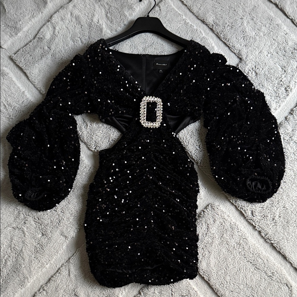 Black Sequin Dress with Crystal Buckle.